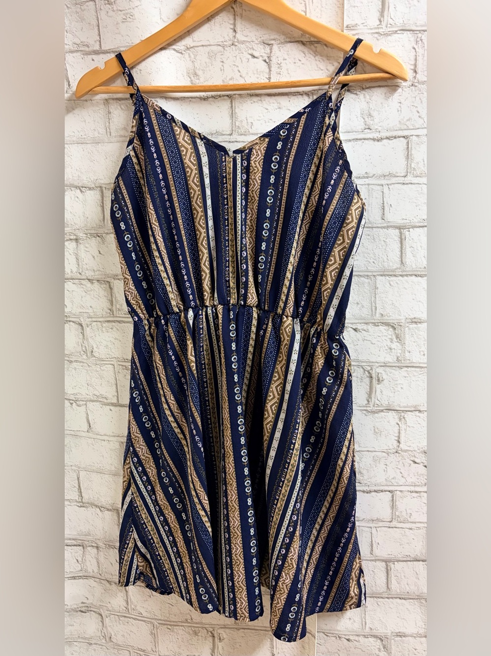 Navy, Tan and White Striped Spaghetti Strap Midi Dress